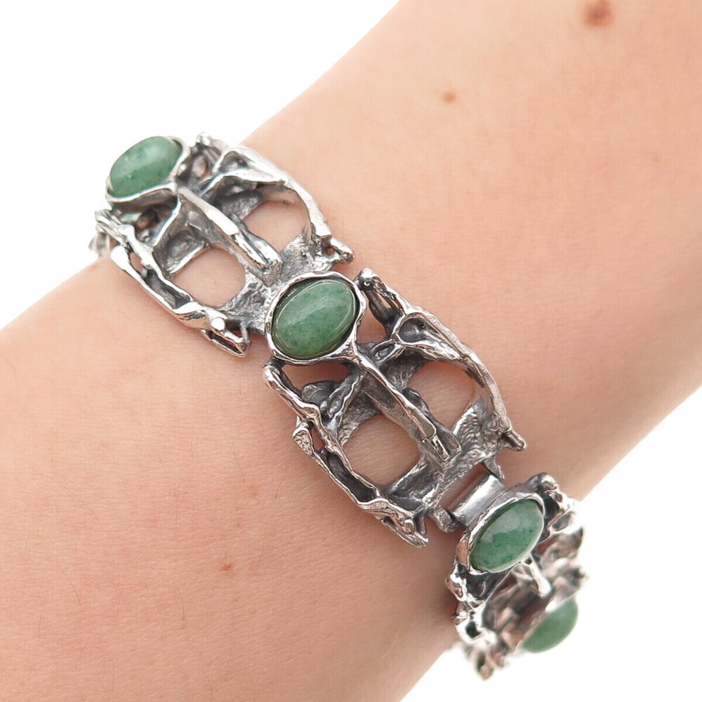800 Silver Vintage European Real Aventurine Modernist Oxidized Bracelet 7.5"